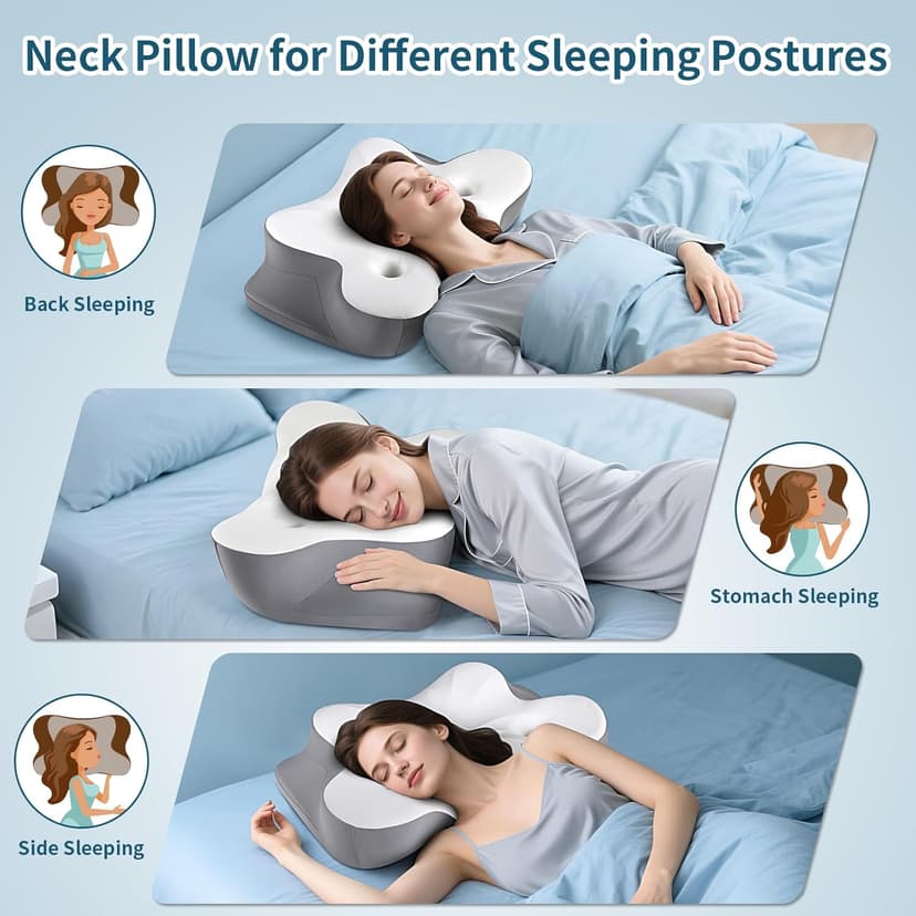 Cerrvical Neck Pillow- Ergonomic Memory Foam Pillows for Sleeping, Dual Ear Relief Zone Contour Pillow, Neck Support Pillows for Side Back &Stomach Sleeper (White)