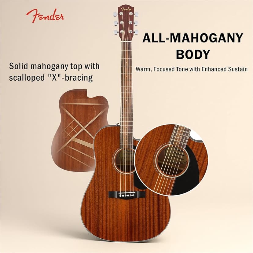 Fender CD-60SCE Solid Top Dreadnought Acoustic-Electric Guitar - All Mahogany Bundle with Hard Case, Tuner, Instrument Cable, Strap, Strings, Picks, Austin Bazaar Polishing Cloth and Instructional DVD