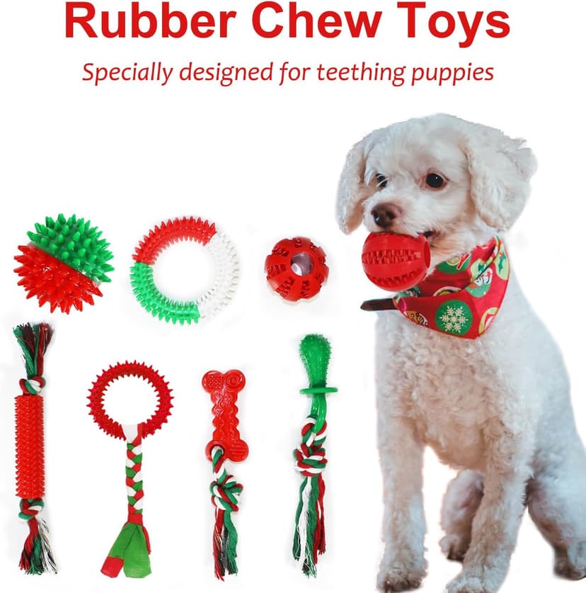 Beiker Christmas Dog Toys Bulk 15 Pack, Puppy Chew Toys for Teething Small Medium Puppies, Holiday Christmas Themed Presents Gifts Box Including Variety Tough Rubber and Rope Toys B0DG8WK4KW