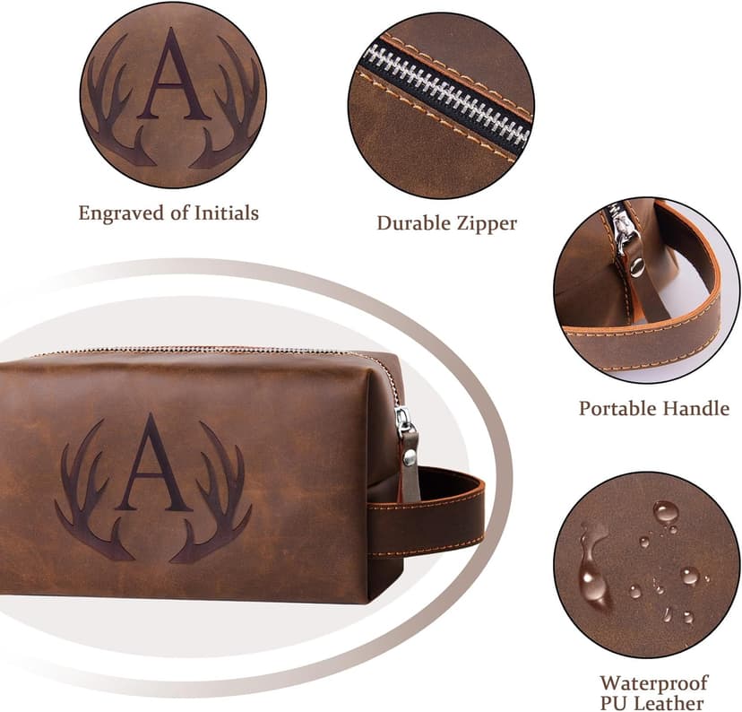 Unique Mens Toiletry Travel Bag Monogrammed Initial PU Leather Waterproof Shaving Bag for Toiletries Accessories Personalized Retirement Anniversary Thank You Gifts for Men Husband Him (R)