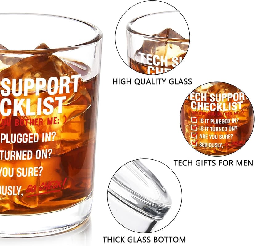 Futtumy Cool Tech Gifts for Men, 10OZ Tech Support Checklist Whiskey Glass, Best Tech Gifts for Men 2025 IT Tech Guys Him Computer Programmers Dad Father Husband Brother Boyfriend, Technology Gift