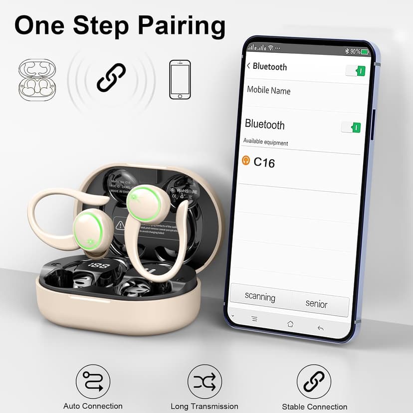 Matast Wireless Earbuds, Bluetooth Headphones Sports, Bass Fitness Earphones Gym Running, IP7 Waterproof Headset with Earhook Workout, Playback Over-Ear Buds with ENC Noise Cancelling Mic