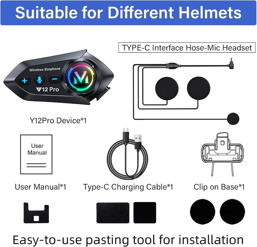 Motorcycle Helmet Bluetooth Headset 2 Way Intercom 550 Yards,HIFI Sound,Noise Cancellation,Music Share,1000mAh,Helmet Speakers Headphones FM,Easy to Connect/Use with Gloves,Waterproof,Voice Assistant