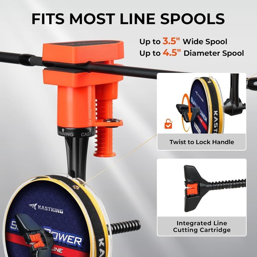 KastKing TrueWind Clamp-On Fishing Line Spooler, Portable Fishing Reel Spooler for Spinning & Baitcasting Reels, No Line Twist, Adjustable Tension, Built-in Line Cutter