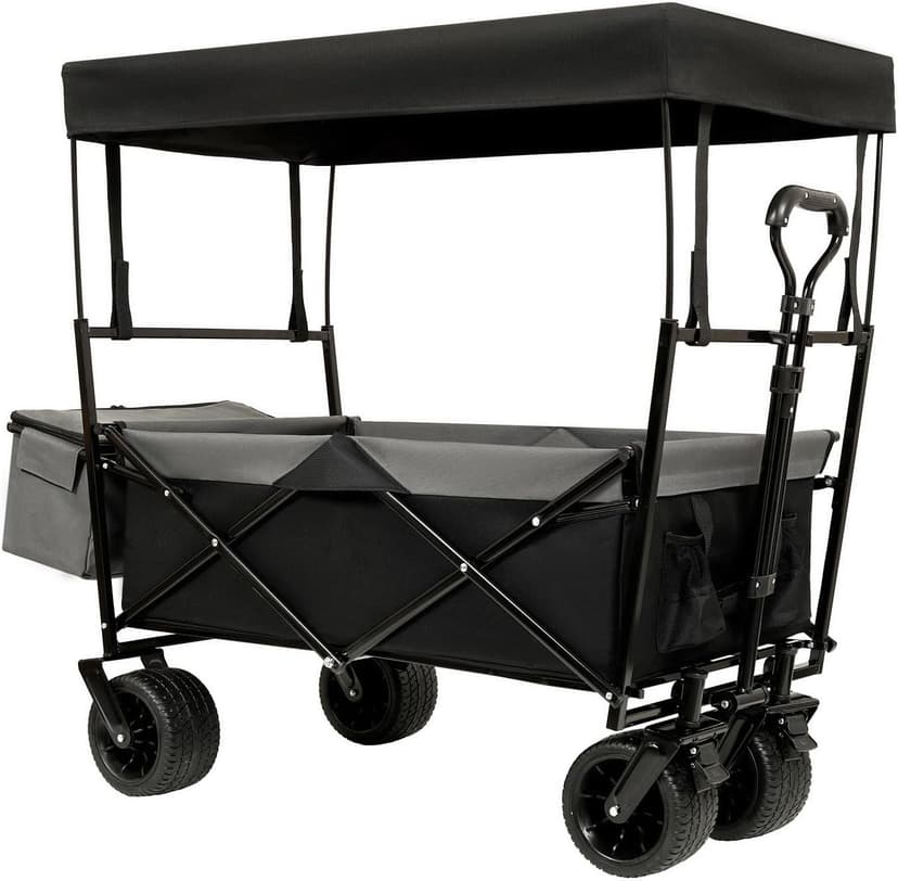 480Lbs Collapsible Wagon with Canopy Steel Black Large Capacity for Camping, Shopping, Sports, Garden Use Mosquito Net Outdoor-Ready