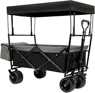 480Lbs Collapsible Wagon with Canopy Steel Black Large Capacity for Camping, Shopping, Sports, Garden Use Mosquito Net Outdoor-Ready