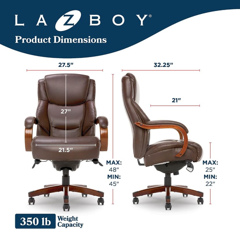 La-Z-Boy Delano Big and Tall Executive Office Chair - Ergonomic Lumbar Support Memory Foam - Bonded Leather Desk Chair for Home Office - Mahogany Wood Arms - Chestnut Brown