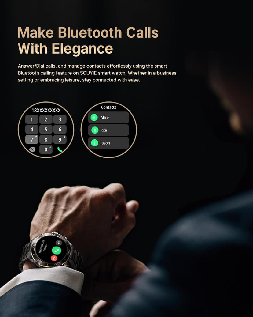 SOUYIE Smart Watch for Men Answer/Make Call for Android iPhone, 1.43" AMOLED HD Screen Mens Luxury Watch, 400mAh Heavy Duty Smartwatch Heart Rate Blood Oxygen Blood Pressure Sleep Monitor Pedometer, 2 Straps