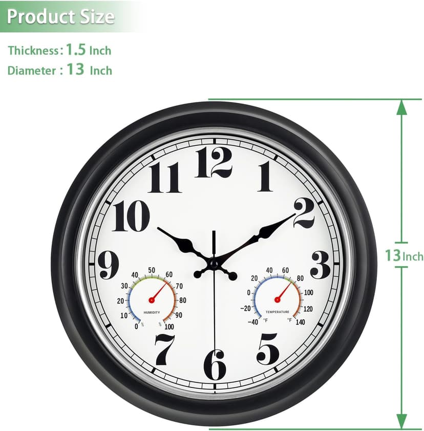 45MinST 13-Inch Vintage Outdoor Wall Clock with Thermometer and Hygrometer, Waterproof, Large Numbers, Silent, for Indoor and Outside Use,Porch,Garden,Pool(Black Frame with Silver Trim)