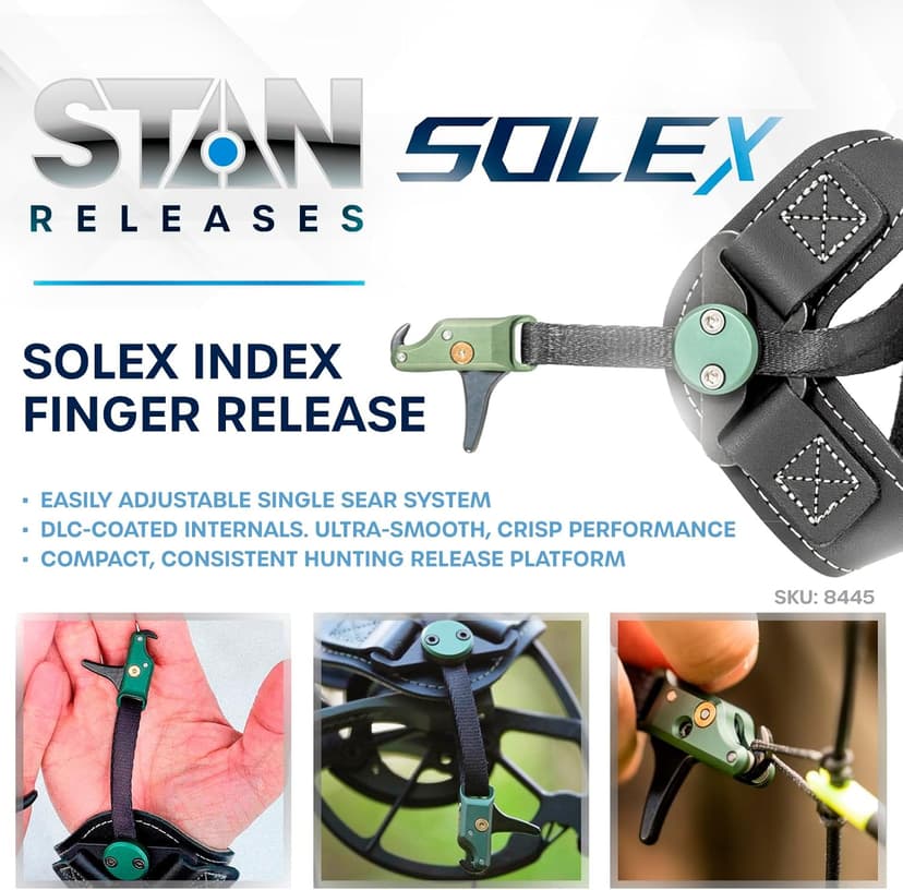 Stan SoleX Index Finger Archery Bowhunting Release - Buckle Wrist Strap Open Hook Trigger Aid with Single-Sear Design, Adjustable Length, Travel & Tension