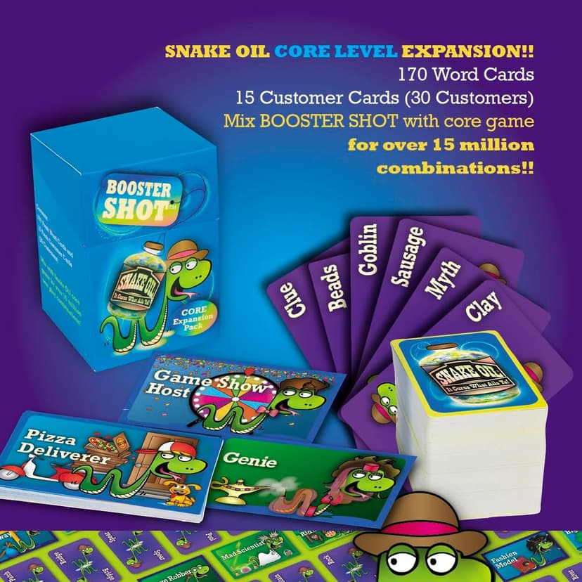 SNAKE OIL - The Silly Selling Party Game - Funny Group 3-10 Player Card Games - Fun Travel Activity for Friends and Family - Booster Shot Expansion for Ages 10+