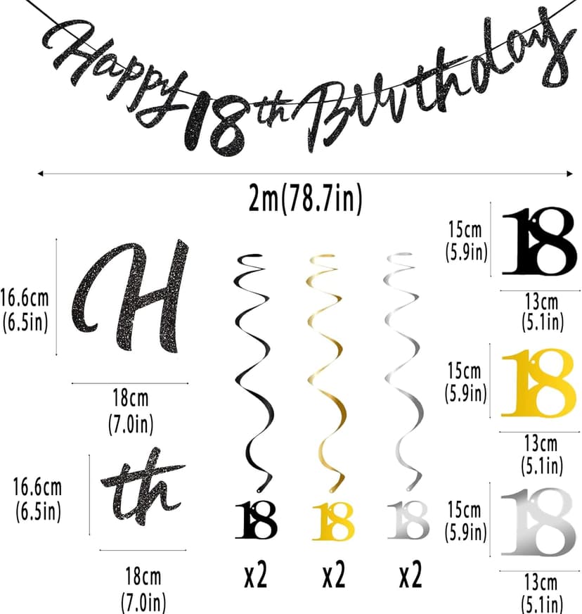 18th Birthday Decorations for Boys Swirls Streamers Set, Hanging Vortex Happy 18th Birthday Banner for Girls, Black and Gold 18 Birthday Decor Party Bunting