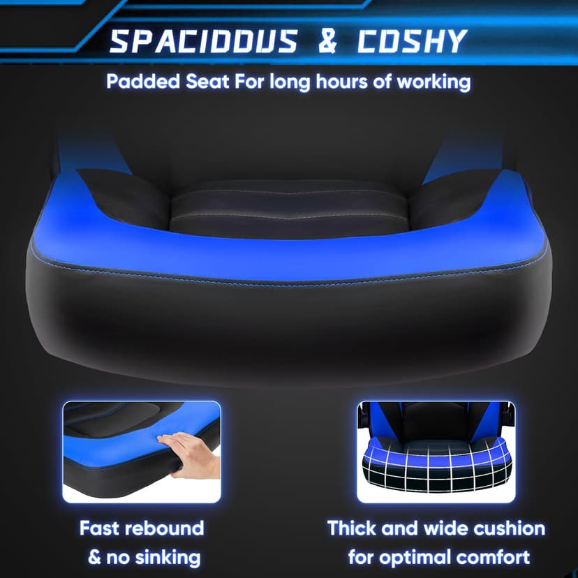 OLIXIS Computer Gaming Chair - PU Leather Ergonomic Lumbar Support with Flip-up Armrest and 360° Swivel Wheels, Height Adjustable Task Home Office Desk Video Racing, Black and Blue