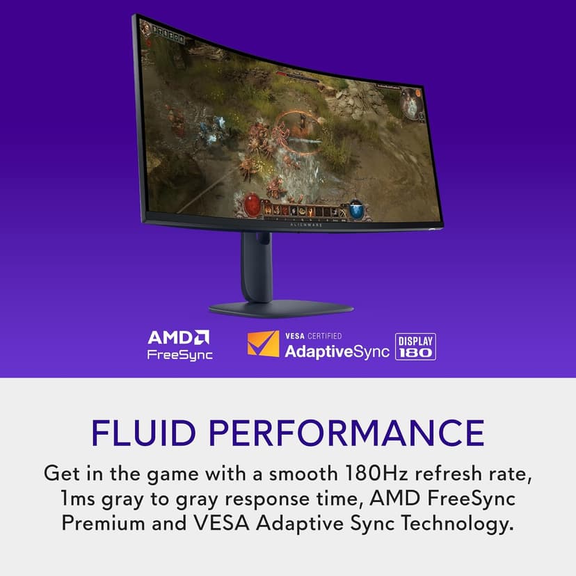 Alienware 34 Curved Gaming Monitor – AW3425DWM - 34-inch WQHD 180Hz 1ms Display, 1500R, AMD FreeSync Premium, VESA AdaptiveSync.