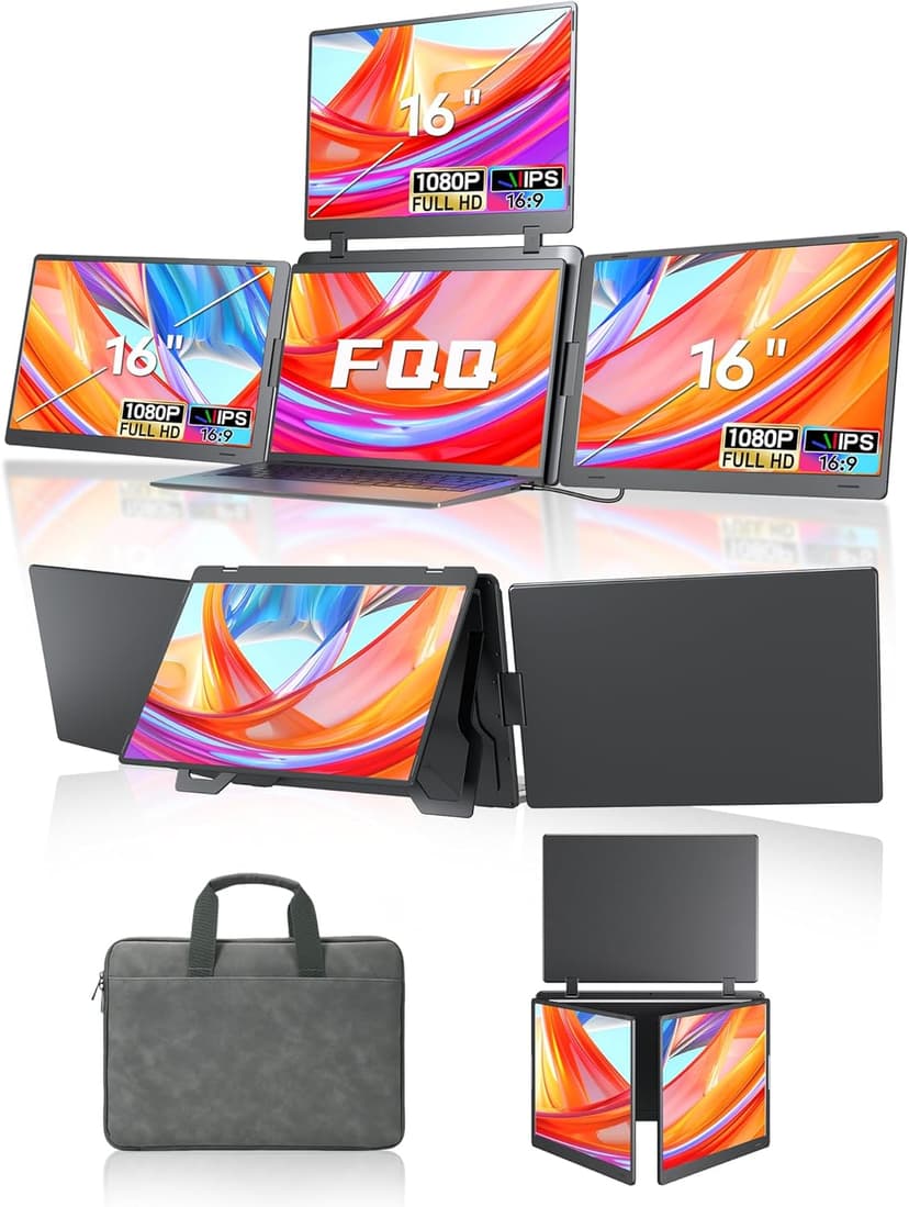 16" Triple Screen Portable Monitor for Laptop, FHD 1200P Laptop Screen Extender, 1 Cable for 3 Screens Quad Monitor, Extra Travel Computer Monitor for 12-18.5" Laptop, Fit for Win and Mac-S788 Pro