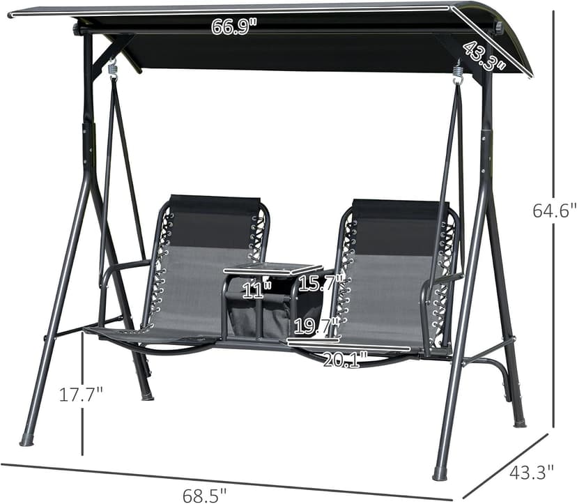 Outsunny 2-Seater Patio Swing Chair, Outdoor Canopy Swing Glider with Pivot Storage Table, Cup Holder, Adjustable Shade, Bungie Seat Suspension and Weather Resistant Steel Frame, Black