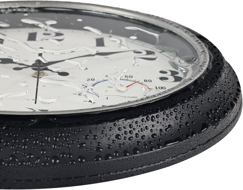 45MinST 13-Inch Vintage Outdoor Wall Clock with Thermometer and Hygrometer, Waterproof, Large Numbers, Silent, for Indoor and Outside Use,Porch,Garden,Pool(Black Frame with Silver Trim)