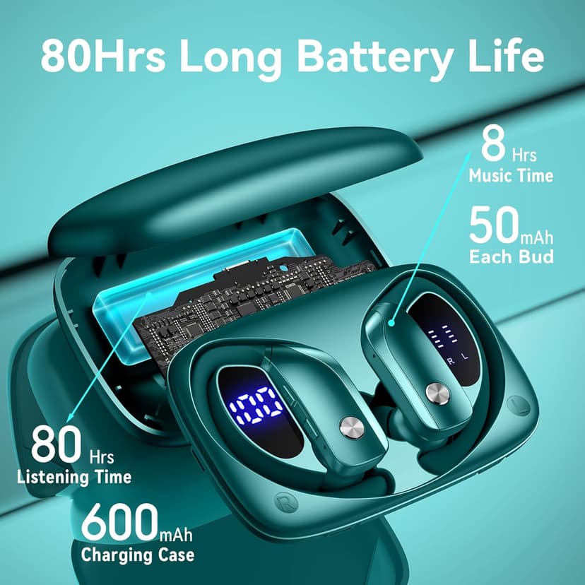 bmani Ear Buds Wireless Earbuds Bluetooth Headphones with 80H Playtime LED Display Case, Over-Ear Hook with Mic, Stereo Sound, Easy Button Controls, Sports Earphones for Running Workout Gym Green