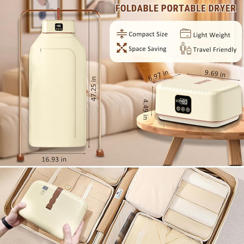 Portable Clothes Dryer Hold 9-12 Items, 8H Timer, w/Remote Control & Dry Bag, Mini Compact Foldable Fast Electric Dryer Machine for Laundry, Travel, Apartment, RV, Dorm, Quiet 45dB, Energy Save, 600W