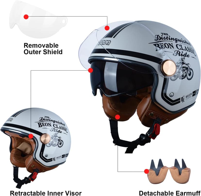 Open Face Motorcycle Helmet for Adults, DOT Approved,3/4 Retro Vespa Helmet, Dual Visors Men's and Women's Motorbike Casco for Moped Cruiser Bobber and Chopper