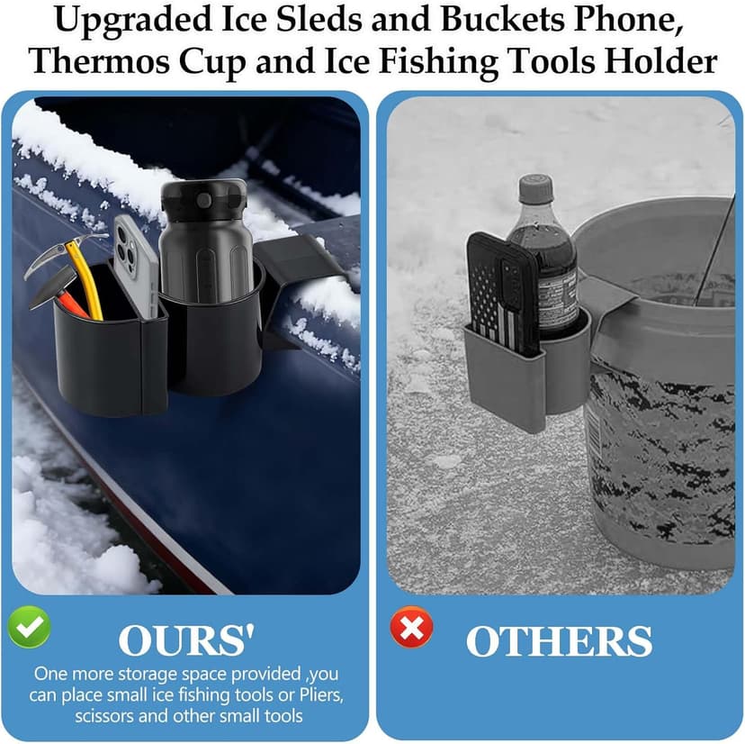 Upgraded Ice Fishing Sled Phone,Drink and Tool Holder 3 in 1 Plastic Ice House Sled Rod Holder Hands-Free Ice Fishing Bucket Holders Rack Gear Accessories Sturdy for Ice Sled Men Birthday Gift Black