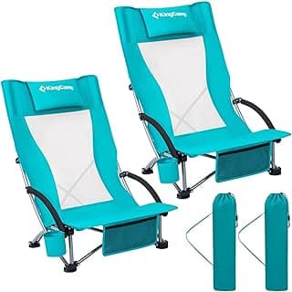 KingCamp Low Beach Chair, High Back Folding Camping Chair for Adults, Oversized Breathable Mesh Seat, 300lbs Heavy Duty Portable Chair with Cup Holder & Storage Pockets for Beach, Outdoor