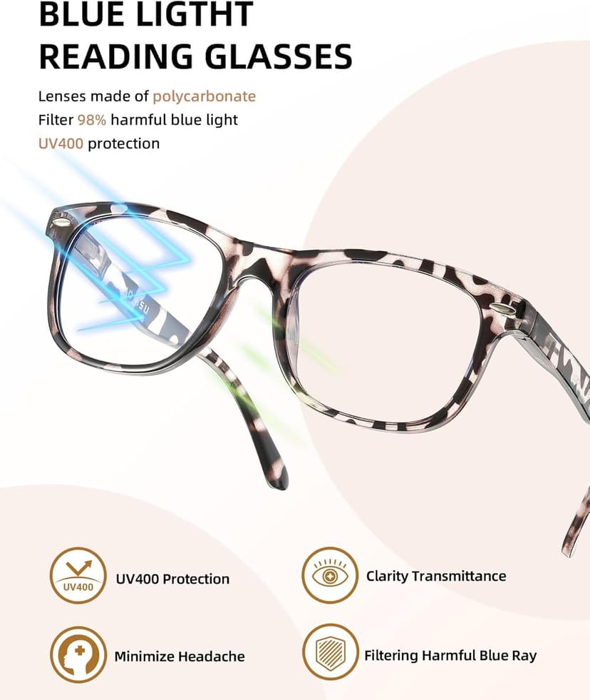 JOLISU 5 Pack Reading Glasses For Women - Stylish Blue Light Blocking Readers -Womens Men Spring Hinge Eyeglasses (2.00)
