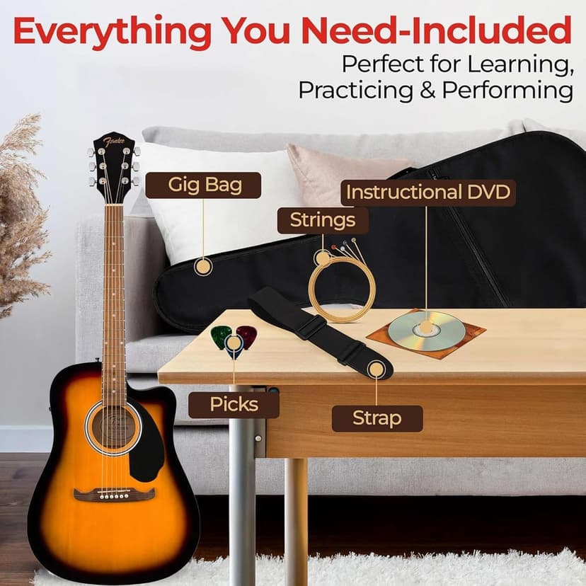 Fender FA-125CE Dreadnought Cutaway Acoustic-Electric Guitar - Sunburst Bundle with Gig Bag, Strap, Strings, Picks, and Austin Bazaar Instructional DVD
