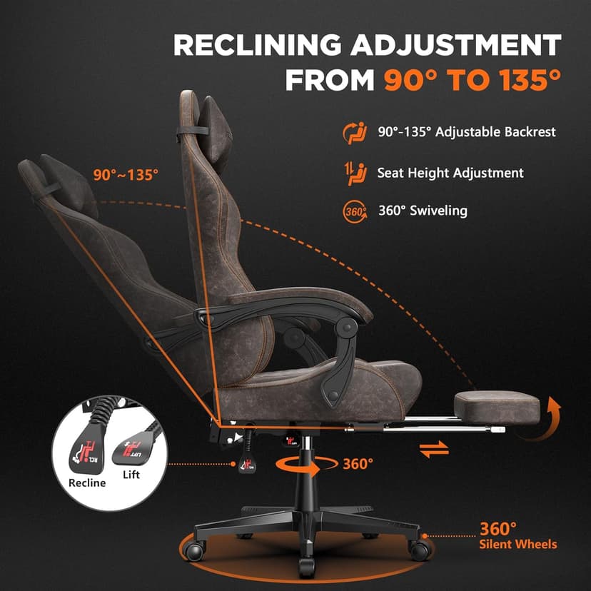 Ferghana Vintage PU Leather Gaming Chair, High Back Gamer Chair with Massage, Ergonomic Computer Office Chair with Footrest for Adults, Racing Style Reclining Video Game Chair Chestnut Brown