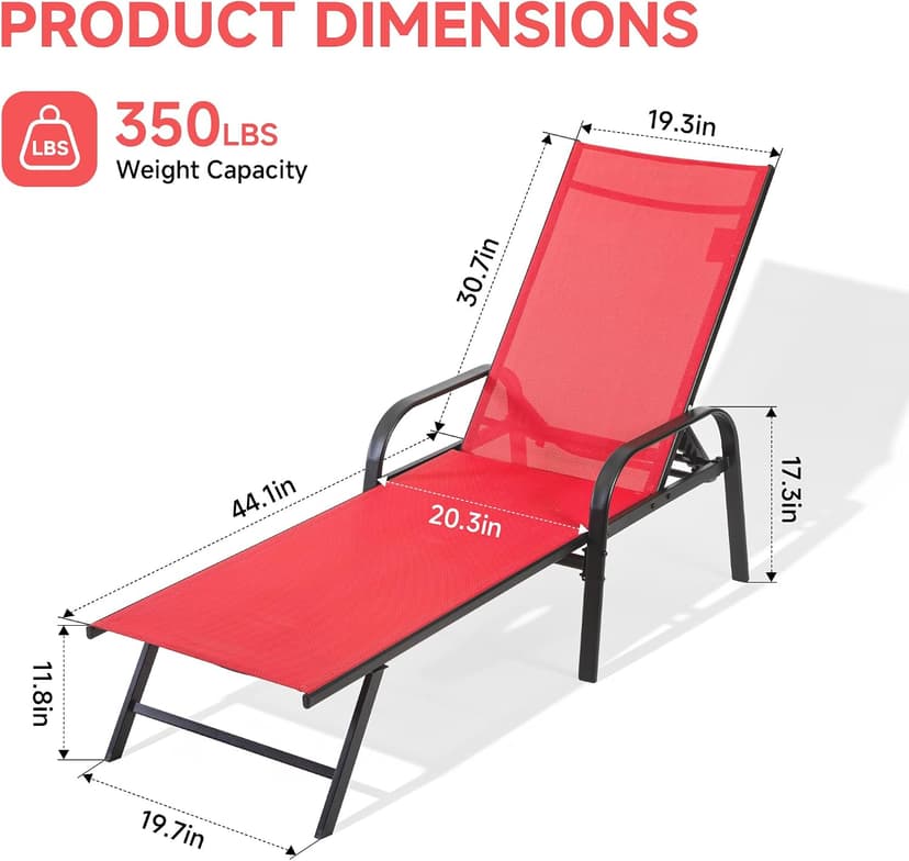 NEWBULIG Outdoor Lounge Chair for Pool, Chaise Lounge Chairs with 5-Position Recliner,350 lbs Heavy Duty Patio Pool Chair, Outdoor Sun Chairs with Metal Frame for Backyard, Classic Red