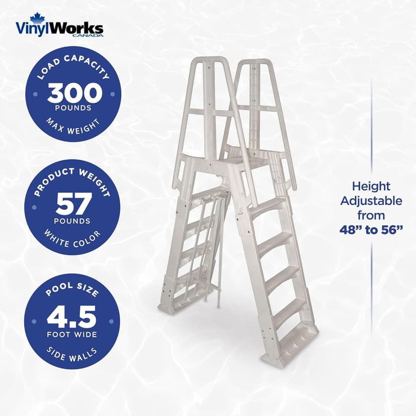 Vinyl Works SLA A-Frame 48 to 56 Inch Adjustable Above Ground Swimming Pool Ladder Entry System with Slide Lock Barrier and Handrails, White