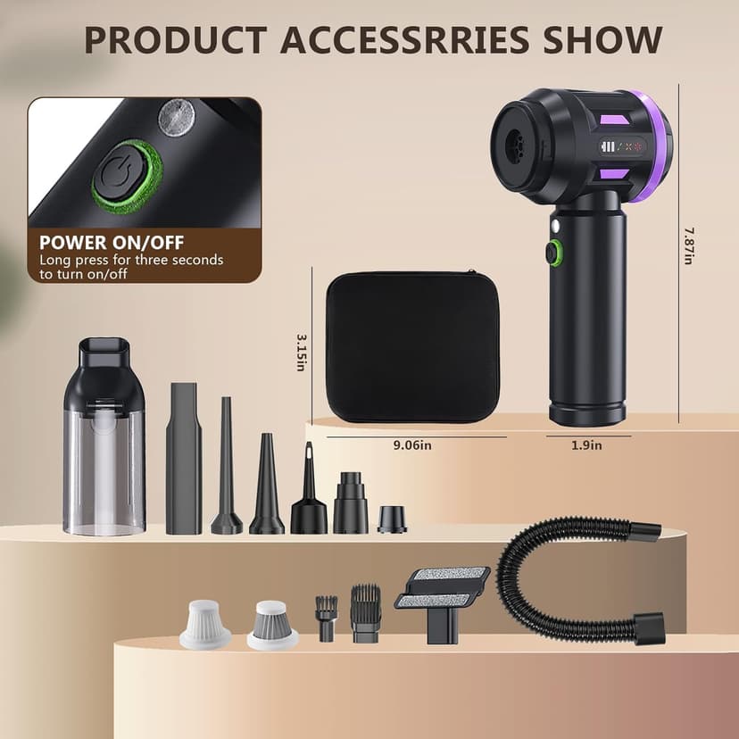 22000PA High Power Cordless Handheld Vacuum & Car Vacuum Cleaner, 4-in-1 Air Duster & Inflator with Brushless Motor, USB-C Charging, LED Light, for Home, Car, Pet, Black Purple