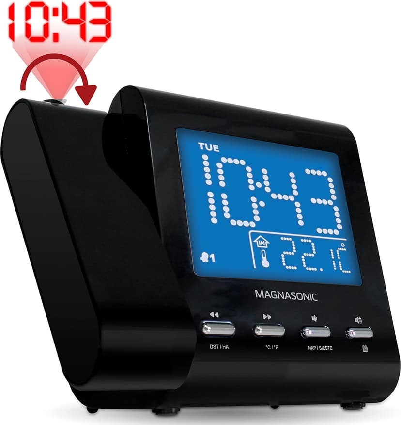 Magnasonic Projection Alarm Clock with AM/FM Radio, Battery Backup, Auto Time Set, Dual Alarm, Nap/Sleep Timer, Indoor Temperature/Date Display with Dimming & 3.5mm Audio Input - Black (EAAC601)