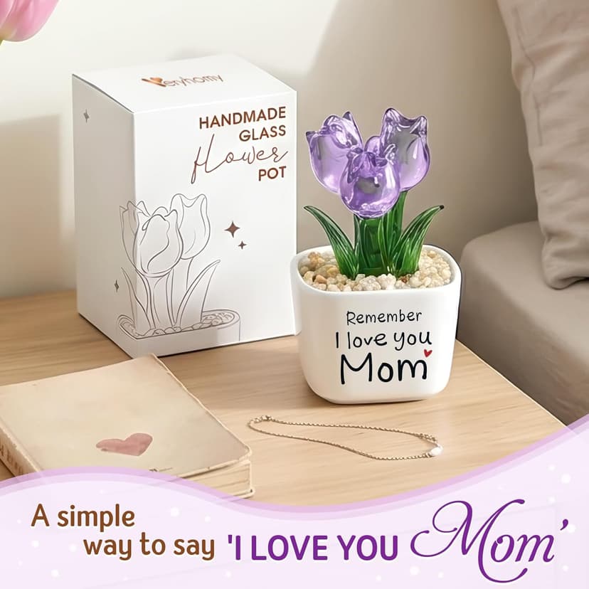 Remember I Love You Mom - Mom Birthday Gifts for Mothers - Collectible Flower Figurine Birthday Gifts for Mom from Daughter Son - Mini Purple Glass Tulip B0GTLL16WJ