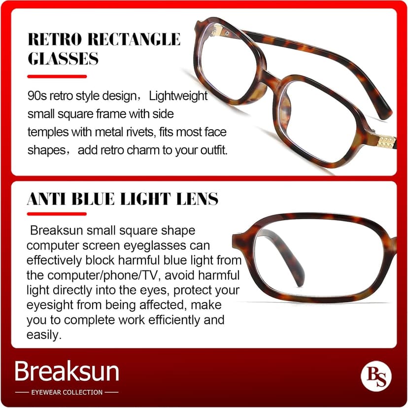 Breaksun Retro Rectangle Glasses for Women Men Small Square Blue Light Blocking Glasses Vintage Eyeglasses