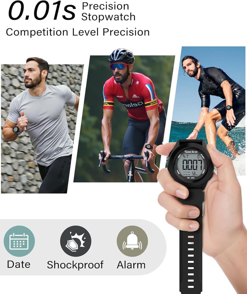 SOCICO Mens Digital Watch Sports Waterproof Outdoor Large Face Military Watches with Stopwatch Back Light Alarm Date Display