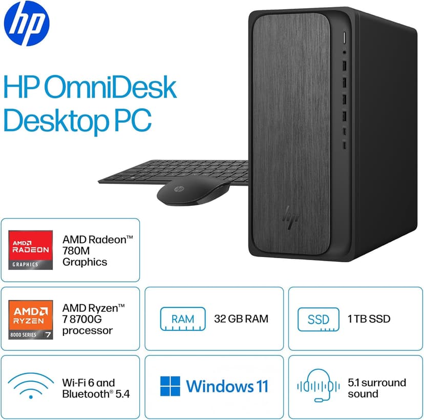 HP OmniDesk Desktop Computer PC, AMD Ryzen 7 8700G, 32GB DDR5 Memory, 1TB NVMe SSD, Radeon 780M Graphics, Wi-Fi 6 + Bluetooth 5.4 (Includes Keyboard + Mouse)