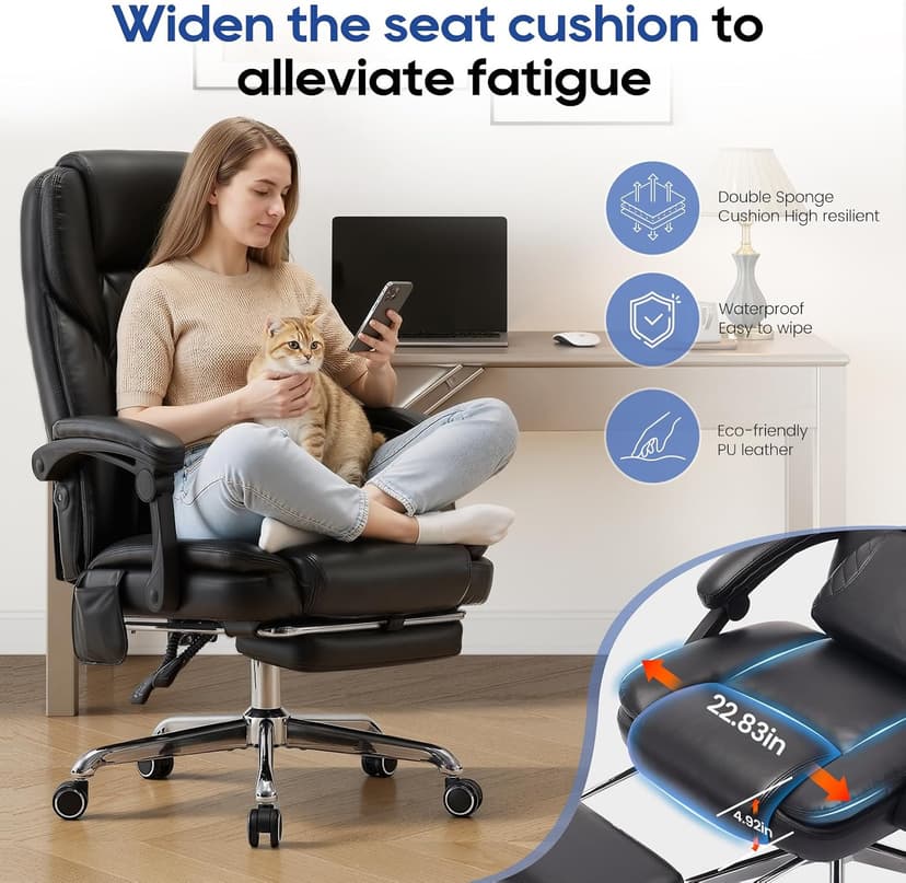 500LBS Massage Office Chair with Foot Rest, 3D Kneading Massage Home Office Desk Chairs, 22.83” Wide Big and Tall Office Chair for Heavy People, Ergonomic Reclining Gaming Chairs, Black