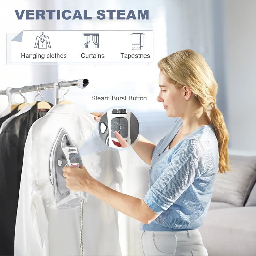 OSTBA 1600W Steam Iron for Clothes with Rapid Heating Nonstick Soleplate, Precise Thermostat Dial, Self-Cleaning, Anti-limescale, Drip Stop Function, 300ml Water Tank Clothes Iron