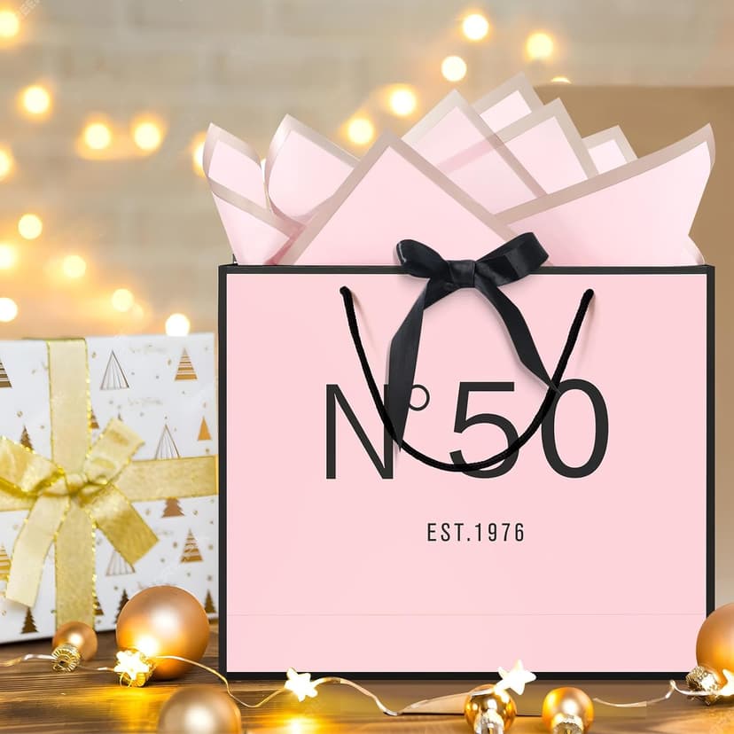 13" Birthday Gift Bag with Card Envelope Sticker Bow Ribbon and Tissue papers for Women Girls Design with Handles,13th-100th (EST.1975 50th, 13" W x 10.5" H x 4.3" D)