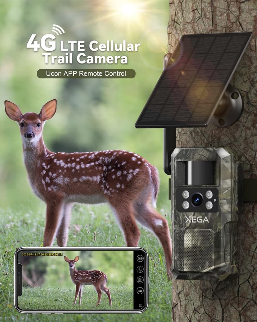 Xega 4G LTE Cellular Trail Camera with Livestreaming, No WiFi Game/Deer Cameras, Motion Activated, 7800mAh Battery, 950nm No Glow Night Vision, TF/Cloud Storage, IP66 Weatherproof, Built-in SIM Card