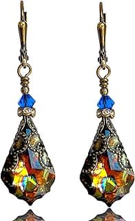 HisJewelsCreations Antique Inspired Vintage Victorian Dangle Drop Earrings for Women - Colored Austrian Crystal Leverback Earrings - Jewelry Gift for Her