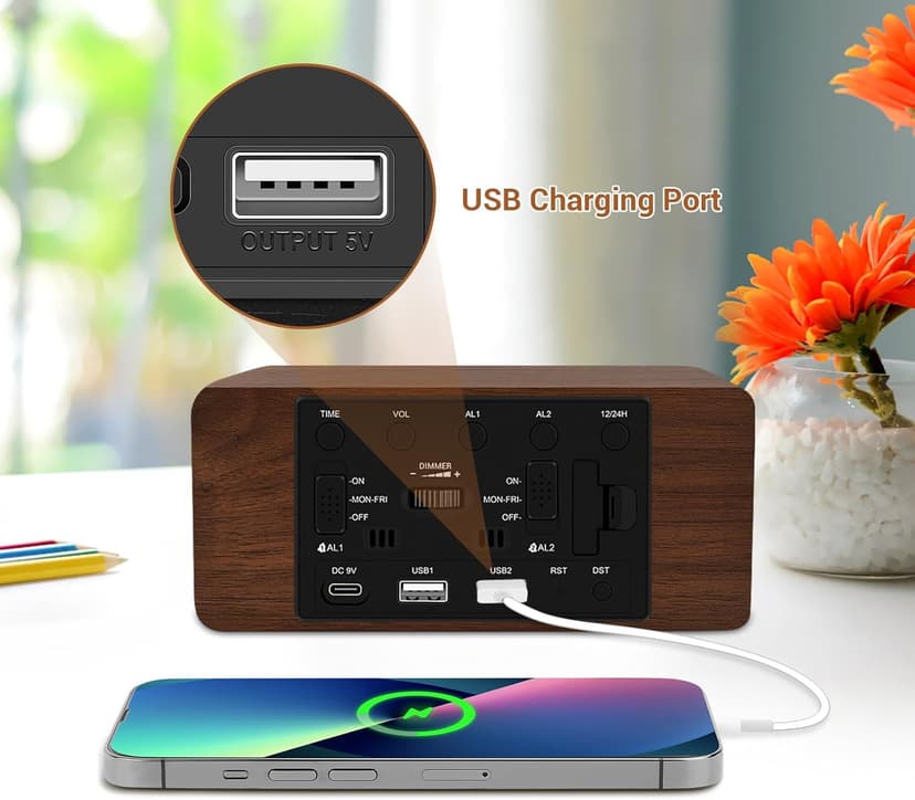 URAYCO Wood Digital Alarm Clock with 10W Fast Wireless Charger, USB Charging Ports, DST, Dimmable, Snooze, Large Number LED Display for Bedrooms, Desk, Living Room Table, Bedside, Nightstand (Brown)
