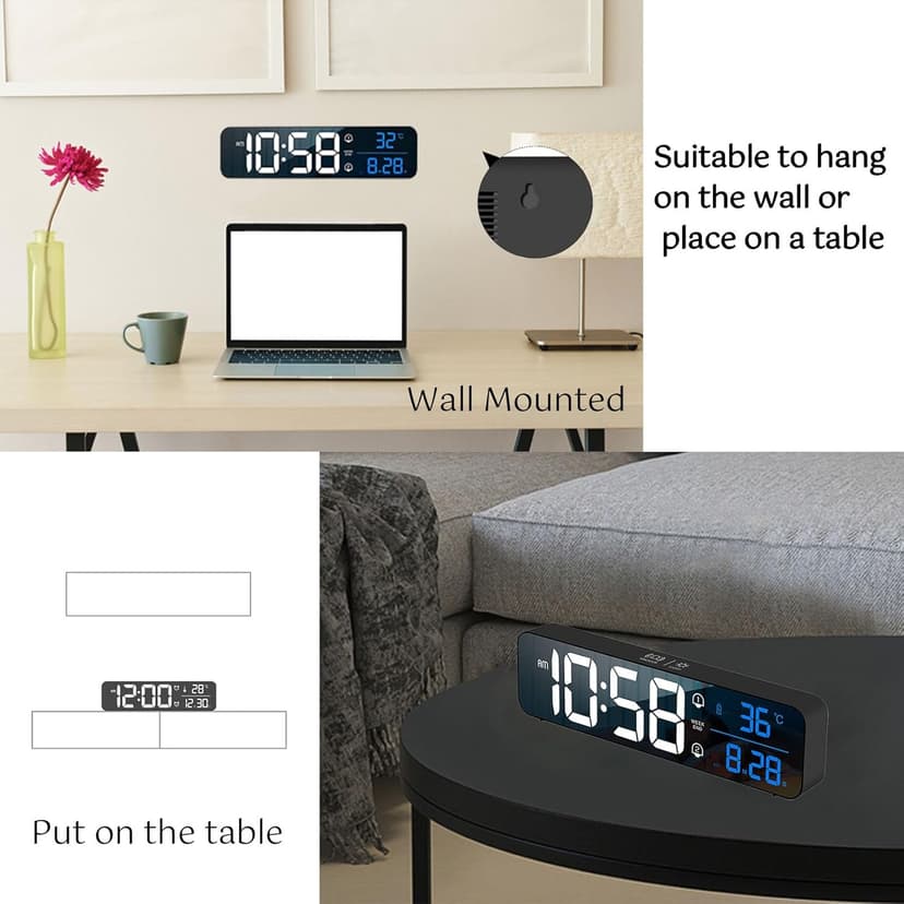 Digital Clock, Large Display LED Alarm Clock for Living Room Bedroom Office, Rechargeable Wall Clock, Sound-Activated, Snooze, Date & Temp Display, 40 Tones, 2 Alarms, 4 Volume, 5 Brightness Dimmer