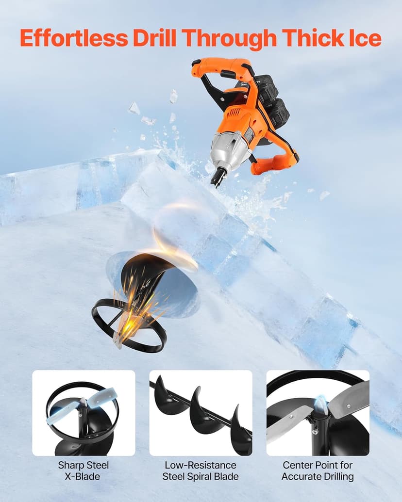 VEVOR 20V/40V Electric Ice Auger, 8 inch Diameter, 2 in 1 Battery Powered Ice Fishing Augers and Earth Auger Combo with Top Plate, Turbo High-Speed Cutting System and Blade Guard