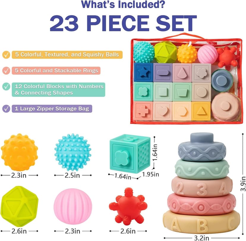 Jyusmile Baby Toys 6-12 Months, Montessori Toy for Babies 6-12 Months, Incl Stacking Building Blocks & Soft Infant Teething Toys & Sensory Balls for Toddlers 0-3-6-9-12 Month B0B2P5GK1Y