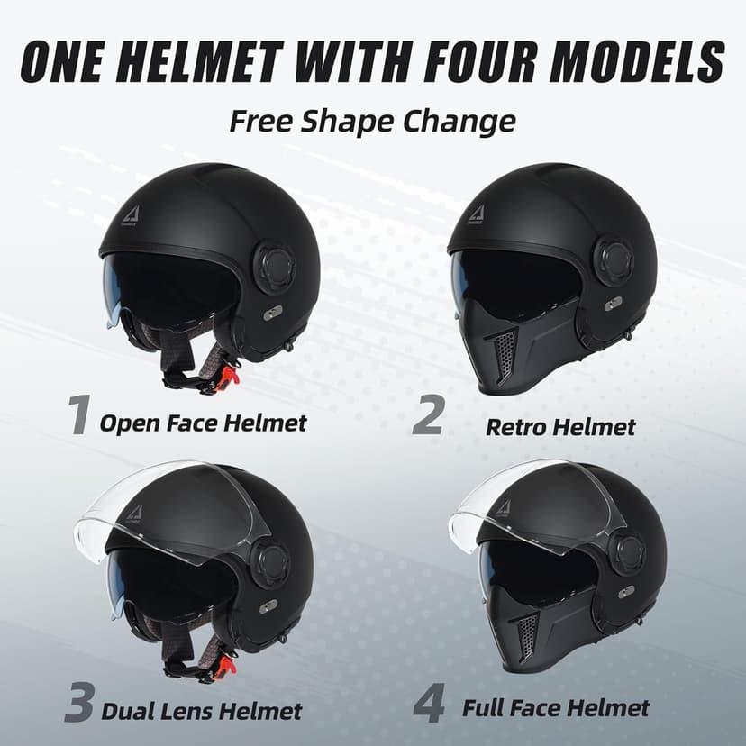 TRIANGLE Convertible Full Face Motorcycle Helmet DOT Approved for Men Women, Multi-Configuration 3/4 Open Face Street Bike Helmet with Internal Tinted Sunshield, Includes Storage Bag