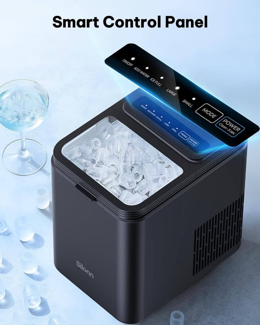 Silonn Ice Maker Countertop, 8 Ice Cubes in 6 Mins, 26.5 lbs/24H, 2 Bullet Ice Sizes, Self-Cleaning Bullet Ice Maker, Portable Ice Machine for Kitchen, Party, Office, and RV Camping