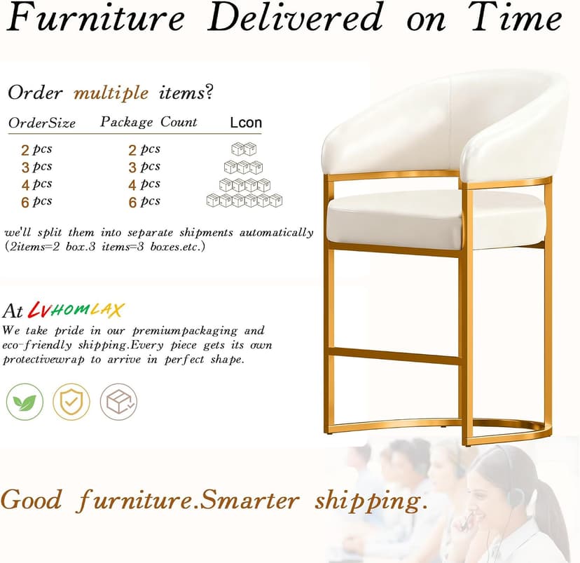 Modern Counter Height Bar Stools,Bar Stools Set of 3,PU Leather Upholstered Barrel Barstools with Backs,26" Kitchen Island Chairs,Metal Gold Frames,Beige White Leather