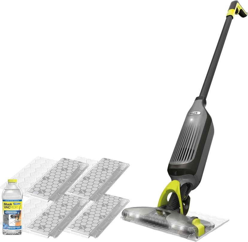 Shark VACMOP Cordless Hard Floor Cleaner, Vacuum and Spray Mop, Powerful Suction, Lightweight, LED Headlights, Includes 4 Disposable Pads, 12oz Multi-surface Cleaning Solution, Gray, VM252